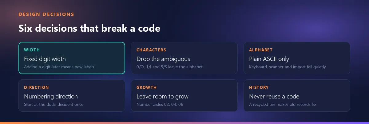 Six decisions that break a location code: digit width, ambiguous characters, non-ASCII letters, numbering direction, growth headroom and reusing a code