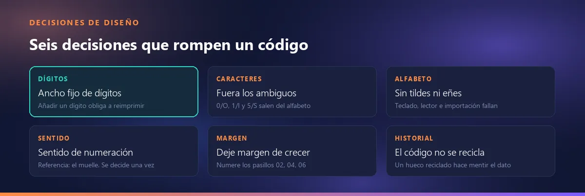 Seis decisiones que rompen un código de ubicación: ancho de dígitos, caracteres ambiguos, tildes y eñes, sentido de numeración, margen de crecimiento y reutilización del código