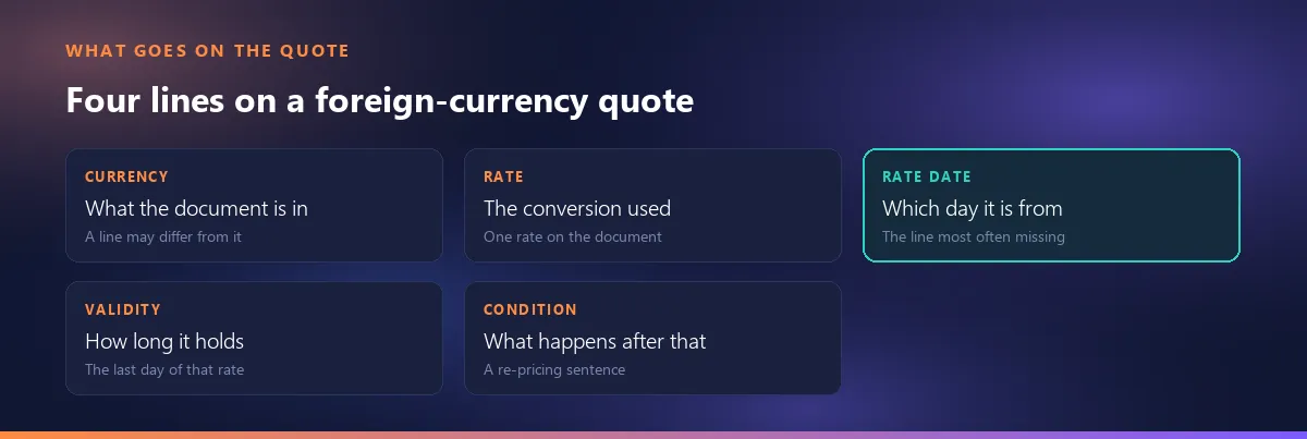 The four lines a foreign-currency quote needs: currency, rate, date of the rate, validity — plus an optional re-pricing condition