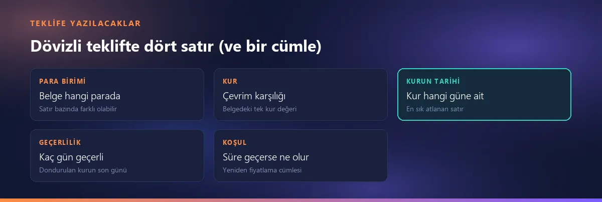 Dövizli teklifte bulunması gereken dört satır: para birimi, kur, kurun tarihi, geçerlilik — ve isteğe bağlı yeniden fiyatlama koşulu