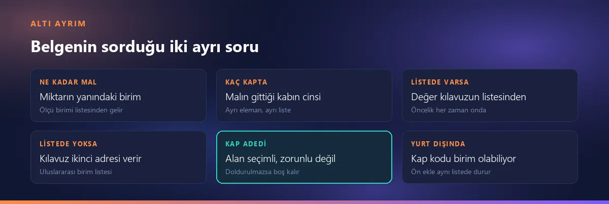 Altı ayrım: ne kadar mal sorusu ölçü birimi alanına, kaç kapta sorusu kap cinsi alanına gider; listede varsa kılavuzun listesi, yoksa uluslararası liste; kap adedi alanı seçimlidir; yurt dışında kap kodu birim kodu olabilir