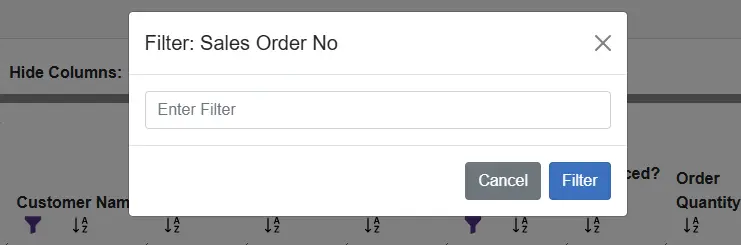 Filter dialog by order number