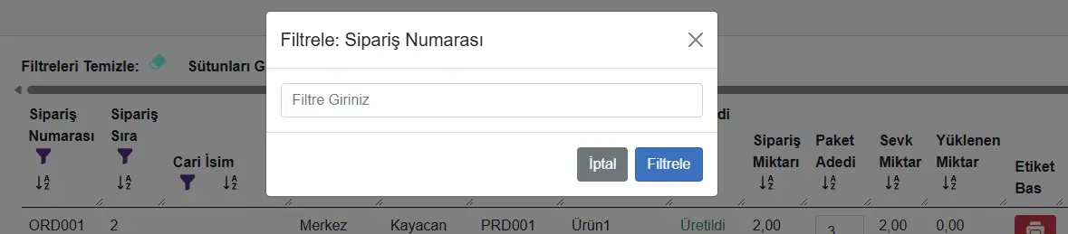 Sipariş numarasına göre filtreleme penceresi