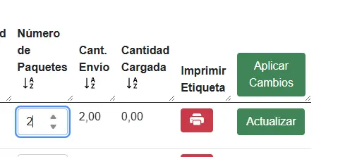 Botones de actualización del número de paquetes