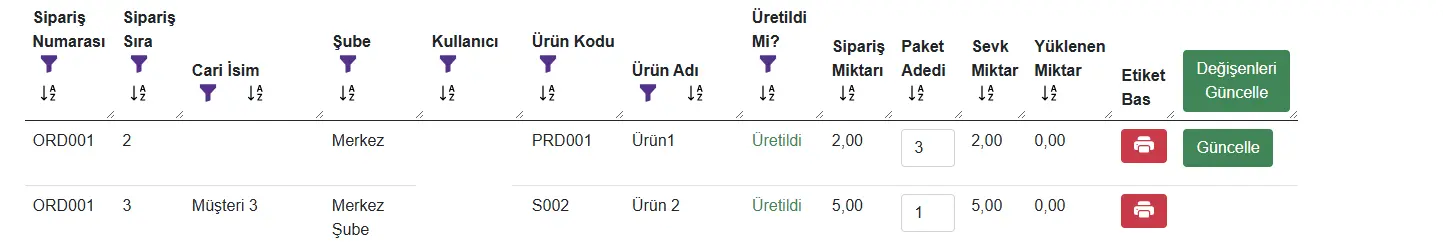 Paket adedi güncelleme düğmeleri