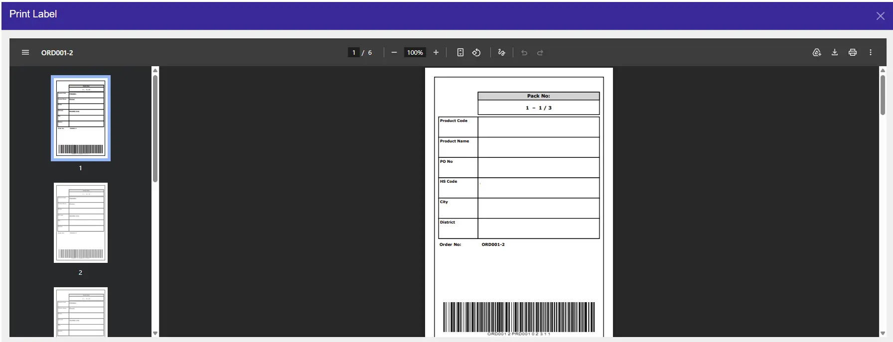 Barcoded PDF label preview