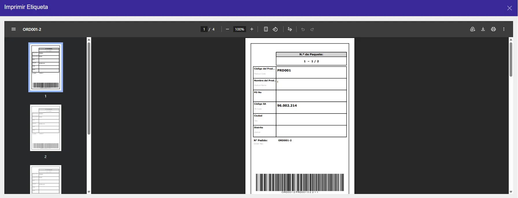 Vista previa de etiqueta PDF con código de barras