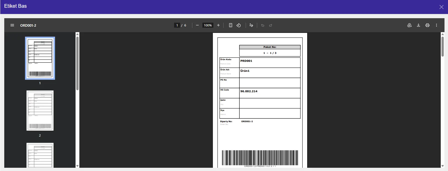 Barkodlu PDF etiket önizlemesi