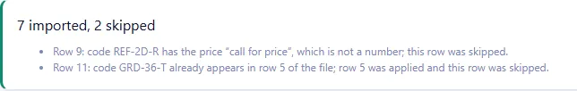 Product import result in Smartifie Quote: 7 imported, 2 skipped; row 9 because its price was call for price, row 11 because its code already appears in row 5
