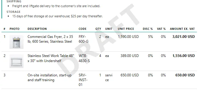 Preview of a draft quote in Smartifie Quote: row number first, product photo in the second column, code after the description, no photo on the installation line, and a diagonal DRAFT stamp across the page