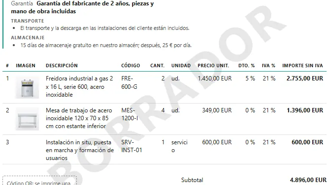 Vista previa de un presupuesto en borrador en Smartifie Quote: número de línea primero, imagen del producto en la segunda columna, código detrás de la descripción, la línea de instalación sin foto y el sello BORRADOR en diagonal sobre la página