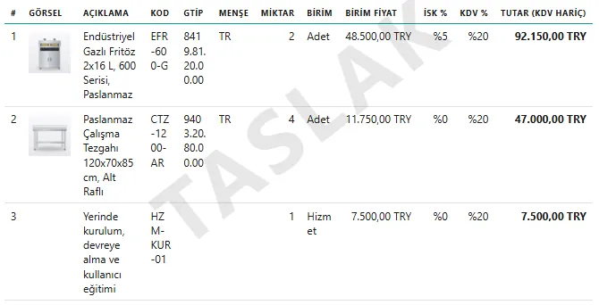 Smartifie Quote'ta taslak bir teklifin önizlemesi: sıra numarası birinci, ürün görseli ikinci kolonda, kod açıklamanın arkasında, kurulum satırının görseli yok ve sayfanın üzerinde çapraz TASLAK damgası