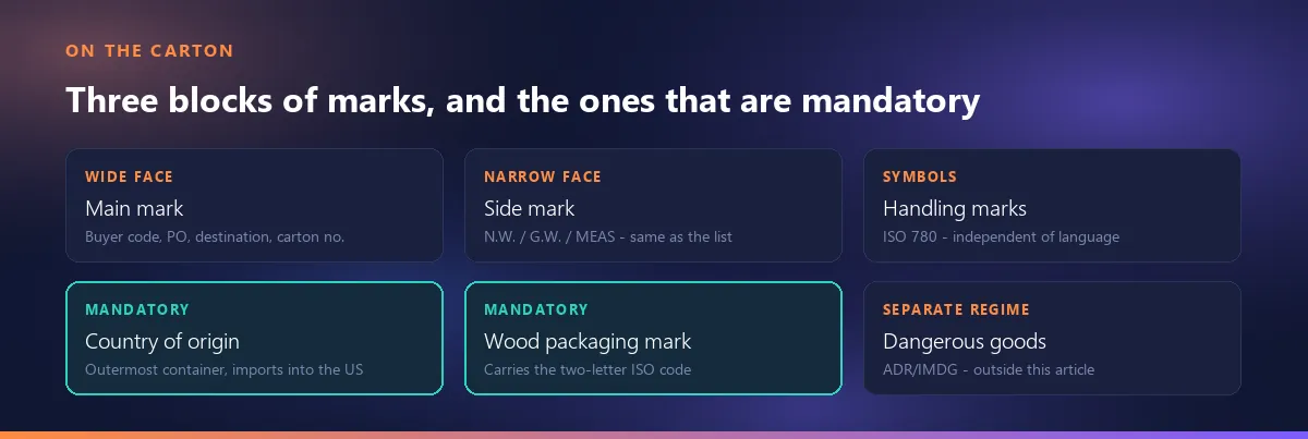 The three blocks of marks on a carton - main mark, side mark, handling marks - and the marks that are genuinely mandatory: origin, wood packaging and dangerous goods