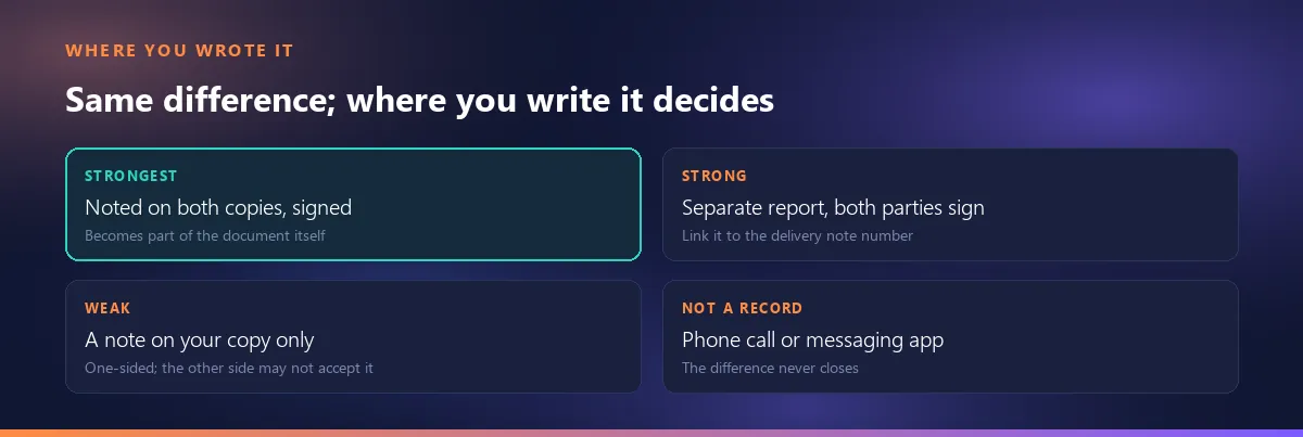 How strong a recorded difference is depending on where it was written: noted and signed on both copies, a separate report, a note on your copy only, a phone call or message