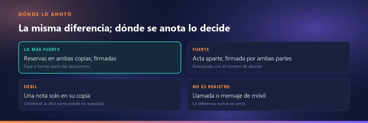 La fuerza de una diferencia según dónde se anota: reservas firmadas en ambas copias, acta aparte, nota solo en su copia, llamada o mensaje