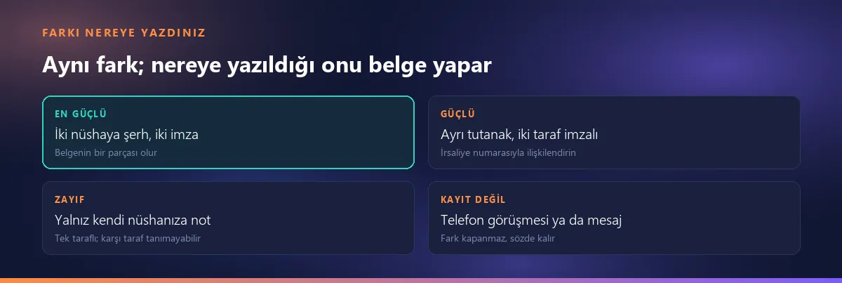 Farkın nereye yazıldığına göre gücü: iki nüshaya şerh ve imza, ayrı tutanak, yalnız kendi nüshanıza not, telefon ya da mesaj