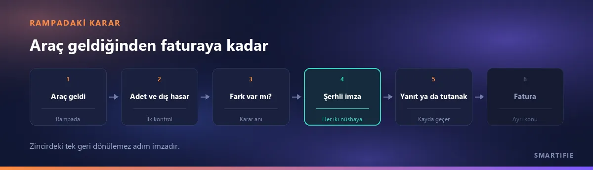 Araç geldiğinden faturaya kadar karar zinciri: adet ve dış hasar kontrolü, fark var mı, şerhli imza, yanıt ya da tutanak, fatura