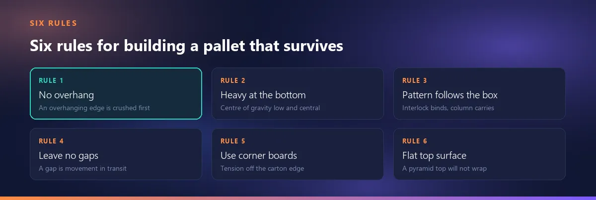 Six rules for building a pallet that survives: no overhang, heavy at the bottom, pattern follows the box, leave no gaps, use corner boards, flat top surface