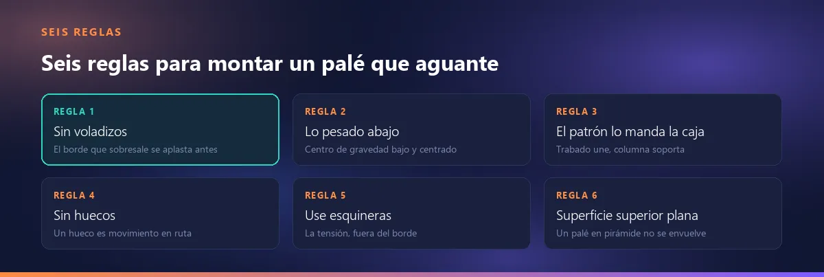 Seis reglas para montar un palé que aguante: sin voladizos, lo pesado abajo, el patrón lo manda la caja, sin huecos, use esquineras, superficie superior plana