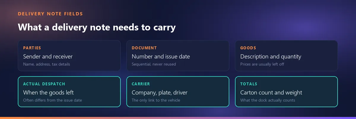 Fields a delivery note must carry: parties, document number, goods, actual despatch date, carrier and totals