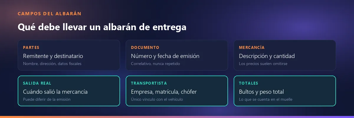 Campos que debe llevar un albarán de entrega: partes, número de documento, mercancía, fecha de salida real, transportista y totales