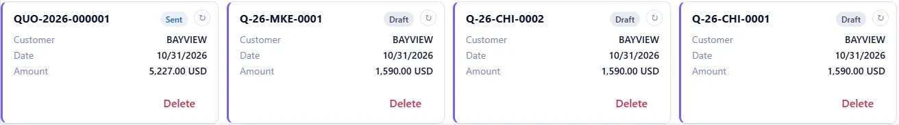 Smartifie Quote's quote list: QUO-2026-000001 in the old format next to Q-26-CHI-0001, Q-26-MKE-0001 and Q-26-CHI-0002 in the new one