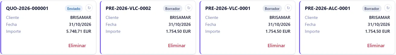 Lista de presupuestos de Smartifie Quote: QUO-2026-000001 con el formato antiguo junto a PRE-2026-VLC-0001, PRE-2026-ALC-0001 y PRE-2026-VLC-0002 con el nuevo