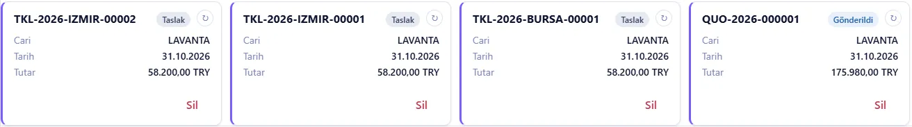 Smartifie Quote teklif listesi: eski biçimle QUO-2026-000001 ve yeni biçimle TKL-2026-IZMIR-00001, TKL-2026-BURSA-00001, TKL-2026-IZMIR-00002