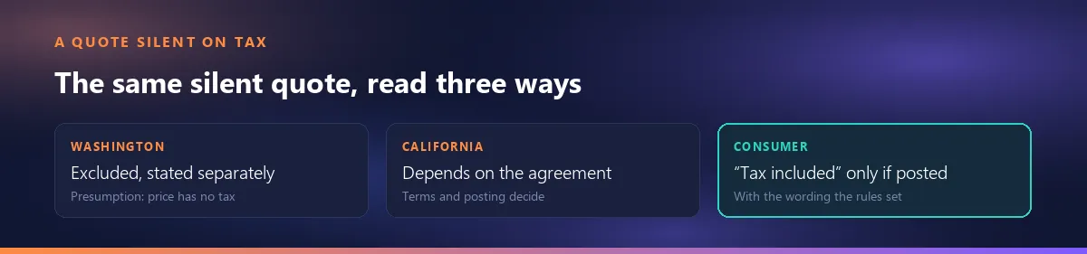 The same quote silent on tax, read three ways: Washington excluded and stated separately, California depending on the agreement, consumer pricing tax included only if posted