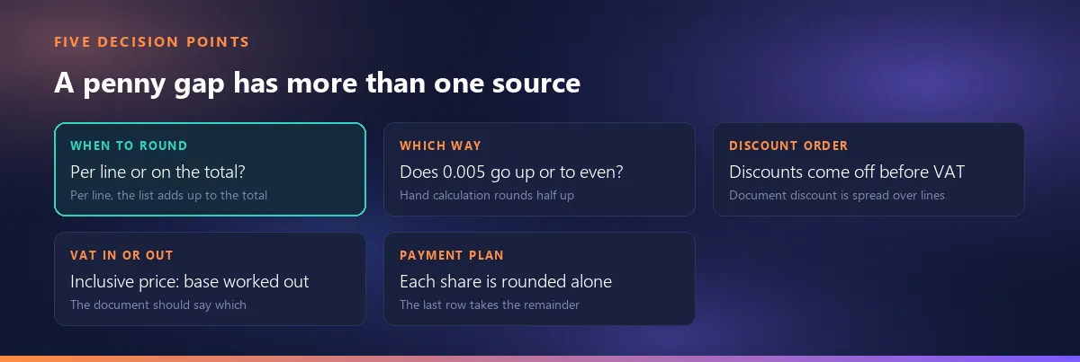 The five decision points behind a penny gap: when to round, which way, discount order, VAT in or out, payment plan