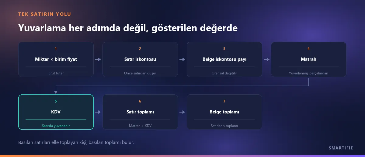 Tek bir satırın yolu: miktar × birim fiyat, satır iskontosu, belge iskontosu payı, matrah, satırda yuvarlanan KDV, satır toplamı ve satırların toplamı olan belge toplamı