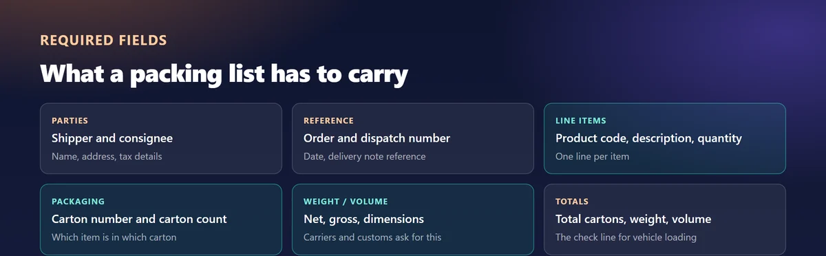 Fields a packing list must carry: parties, reference, line items, packaging, weight and totals