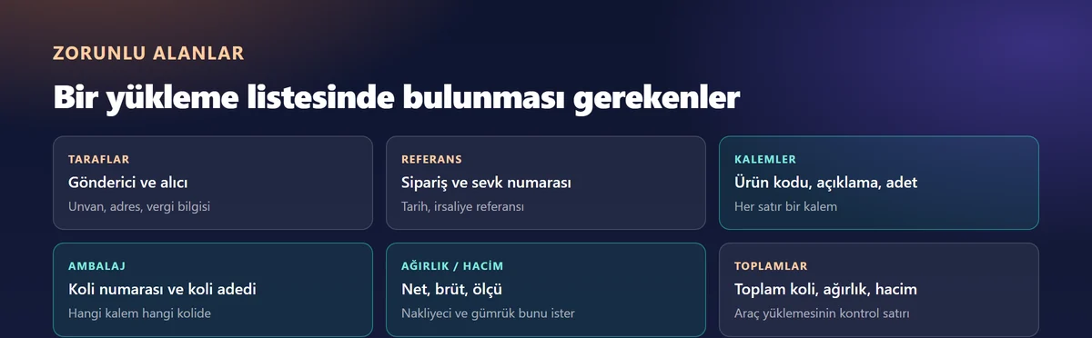 Yükleme listesinde bulunması gereken alanlar: taraflar, referans, kalemler, ambalaj, ağırlık ve toplamlar