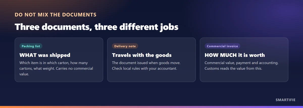 The difference between a packing list, a delivery note and a commercial invoice