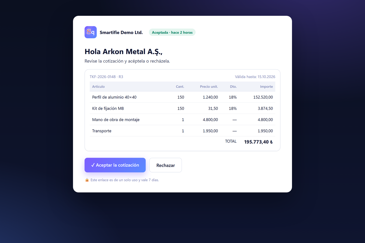 Página de aprobación del cliente de Smartifie Quote: aceptar o rechazar desde un enlace de un solo uso