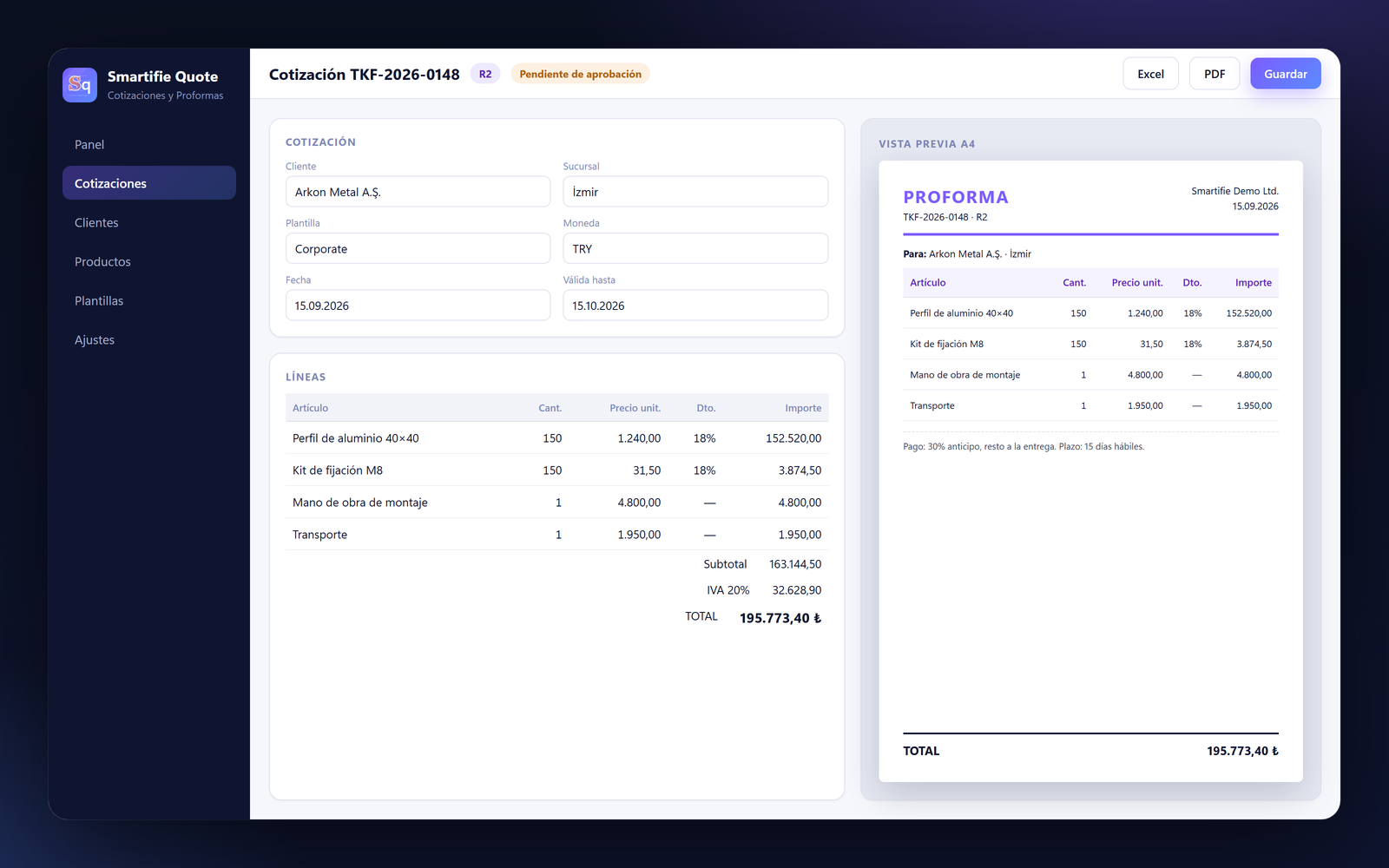 Smartifie Quote: editor de cotizaciones con vista previa A4 en vivo