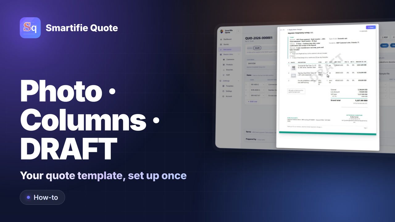 Quote Template: Columns, Photos, Draft Watermark | Smartifie Quote